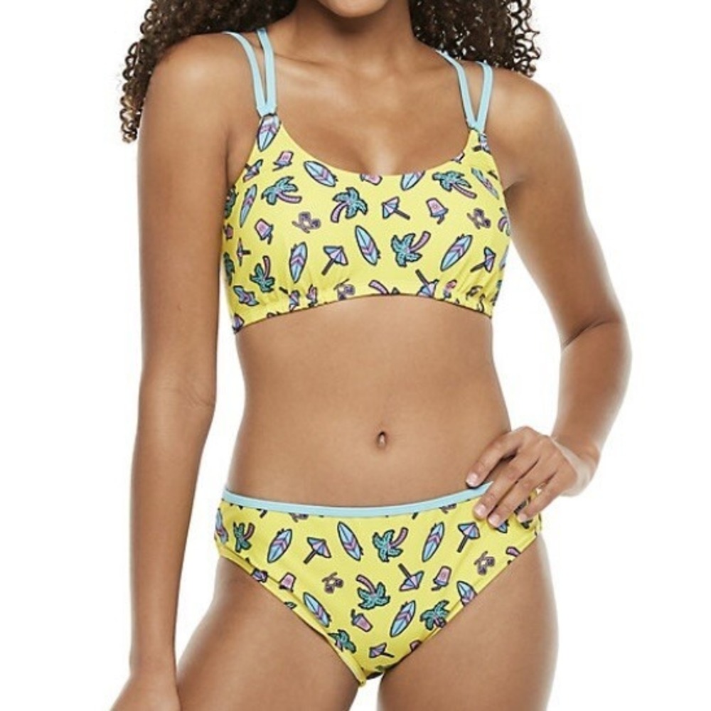 Undercurrent Juniors Graphic Strappy Bikini Large New with Tags Yellow Surf Palm